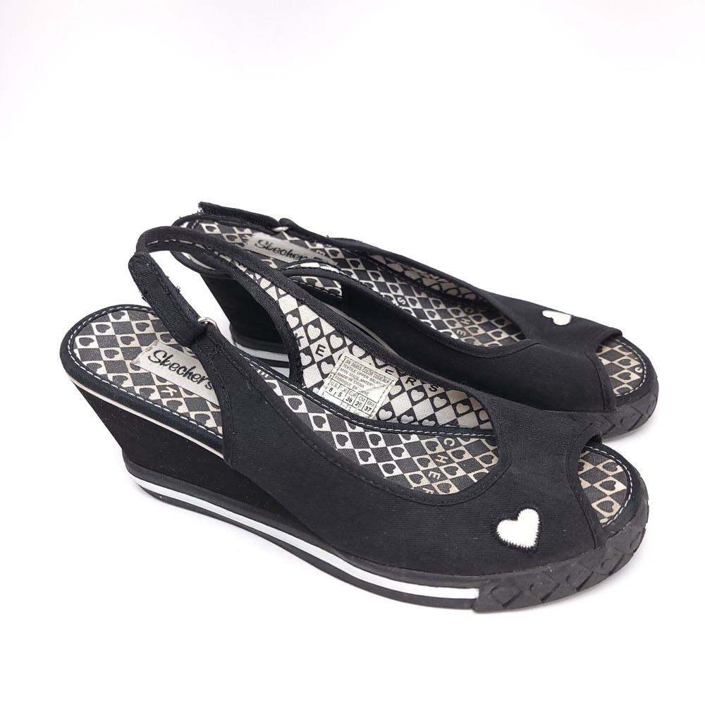 Skechers Womens Black Canvas Heart Peep Toe Slingback Wedge Sandals Y2K Size 8 - Picture 3 of 8